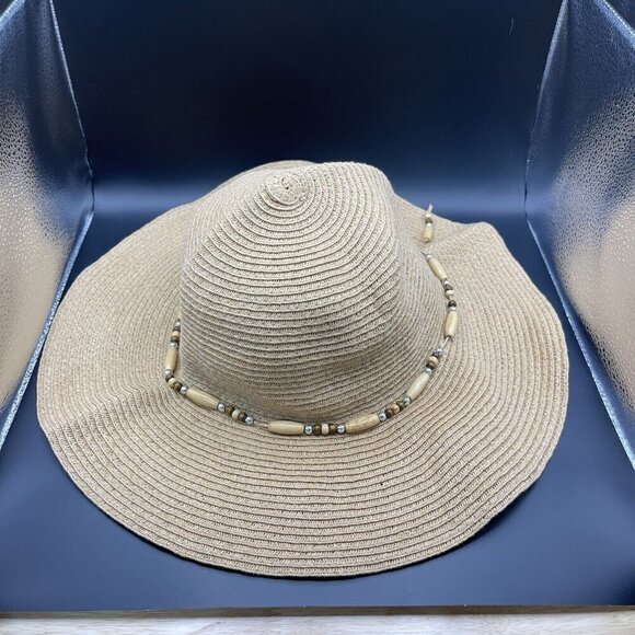 J Hats Straw Sun Floppy Packable Beige Natural Beaded Clean Beach Travel Vacay - Picture 1 of 5